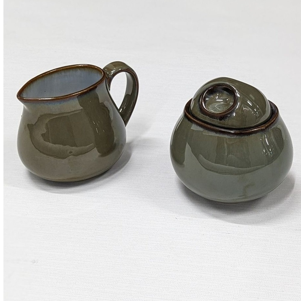 Cottagecore Sango Stonewear‎ Creamer Sugar Bowl Green Avocado Rustic Pottery Set